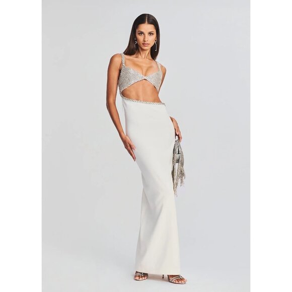 retrofete Fernanda Embellished Asymmetric Maxi Dress White/Silver Womens Size Sm - Picture 3 of 16